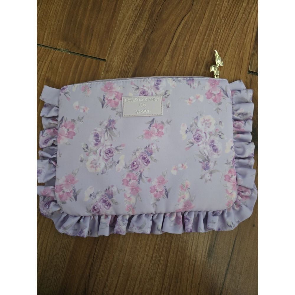 LoveShackFancy x Yoobi Purple Bow Print Ruffle Makeup Bag Zipper Pouch Floral